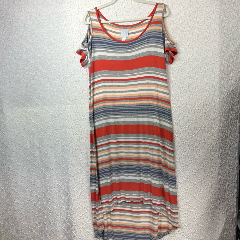 Sunday Women’s Striped Cold Shoulder High Low Fall Vibes Maxi Dress Size M